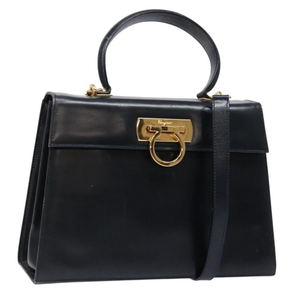 Salvatore Ferragamo Gancini Hand Bag Leather 2way Navy Gold Auth